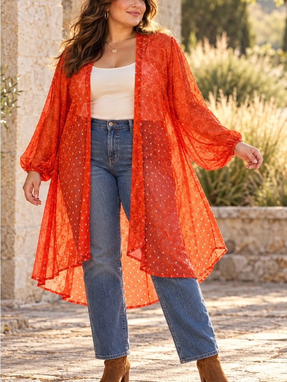 Torrid Orange Floral Clip Dot Chiffon Kimono Duster Size 3 3X Boho